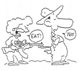 cartoon of gardener forcing another to eat turnips