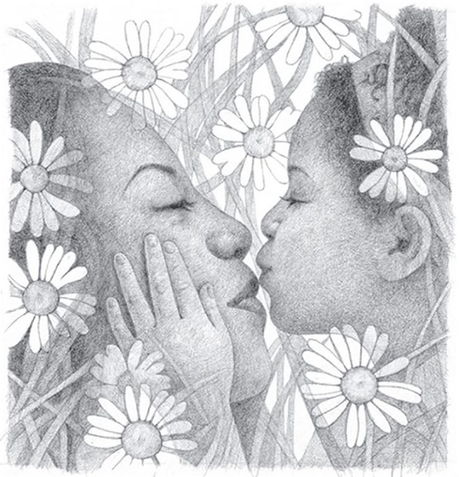 mother kisses her child in field of daisies