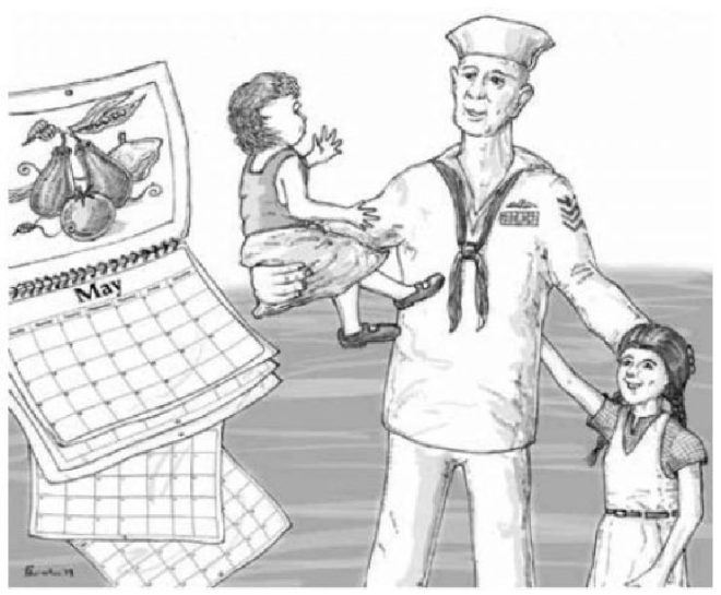 drawing of children waiting for father to return from Navy