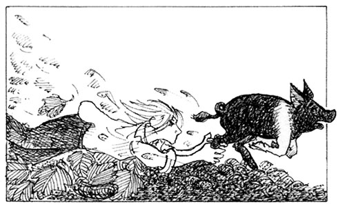 woman chasing a pig
