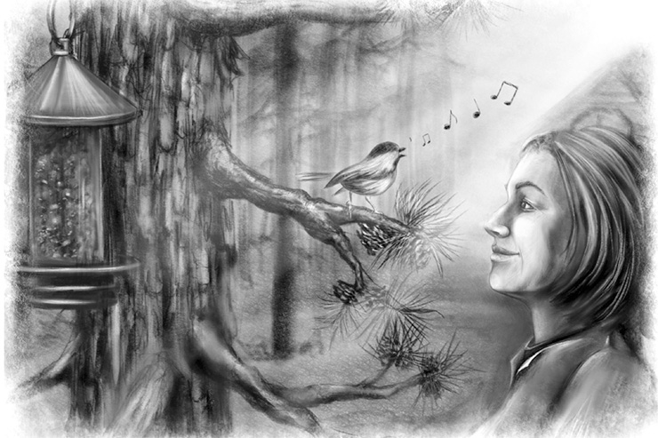 Woman listening to bird singing