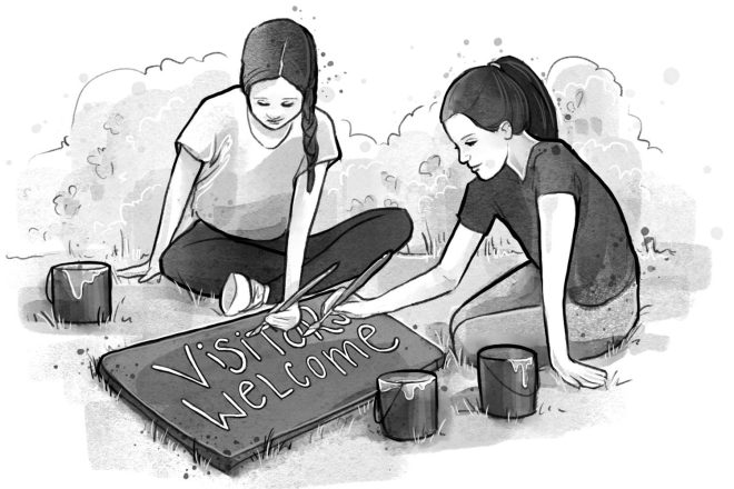 Girls making a Signboard